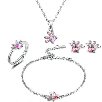 Paw Jewelry Set for Women – 4-Piece | Rose Gold with Zirconia Heart – Ring, Necklace, Earrings & Bracelet