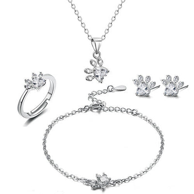 Paw Jewelry Set for Women – 4-Piece | Rose Gold with Zirconia Heart – Ring, Necklace, Earrings & Bracelet