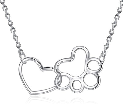 Paw Print Necklace in Sterling Silver – Heart Crystal Pendant with Dog Paw