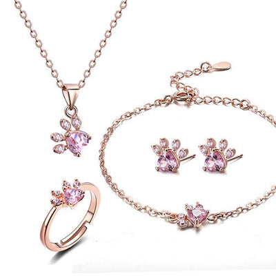Paw Jewelry Set for Women – 4-Piece | Rose Gold with Zirconia Heart – Ring, Necklace, Earrings & Bracelet