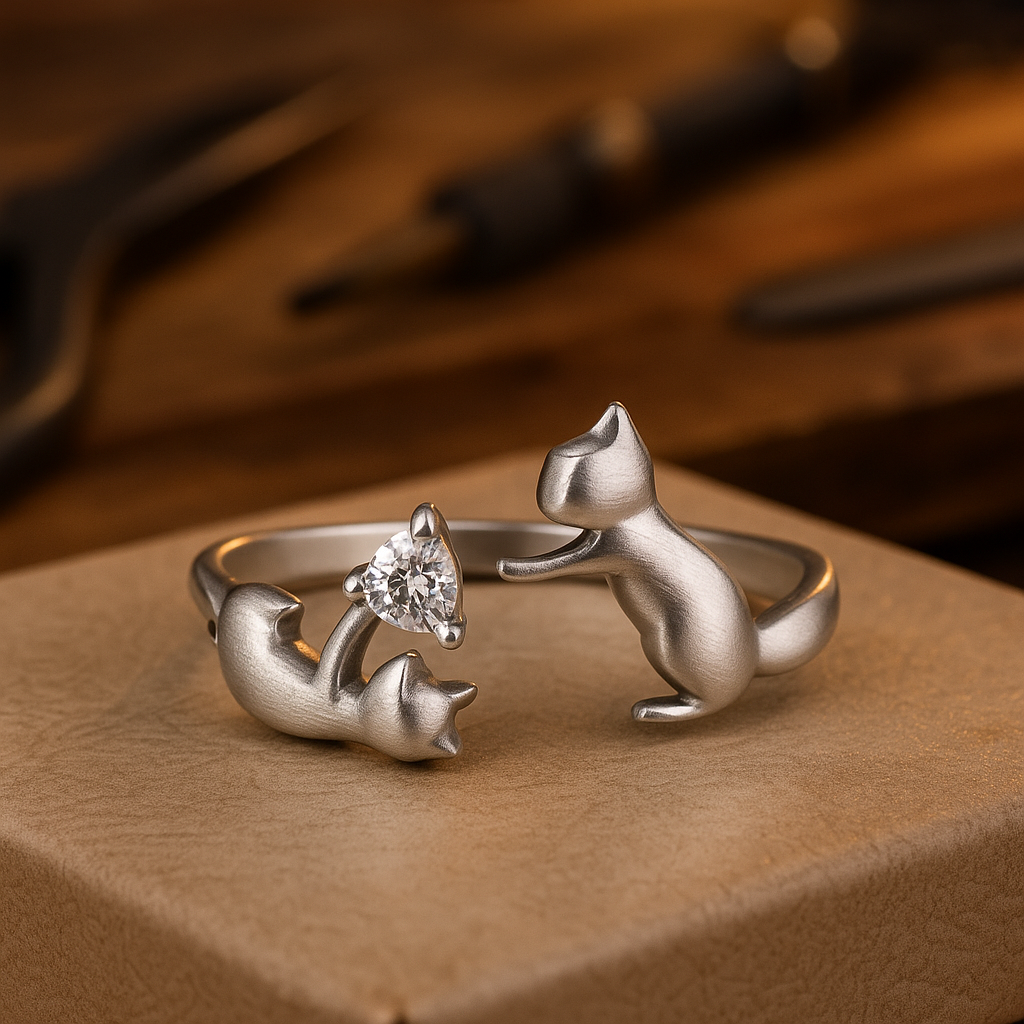 Playful Sterling Silver Cat Ring – Adjustable with Zirconia