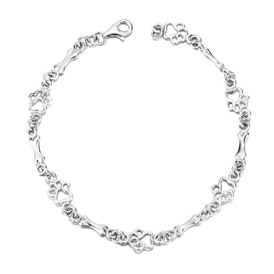 Bracelet with Dog Paw and Bone Charms Made of Pure Silver
