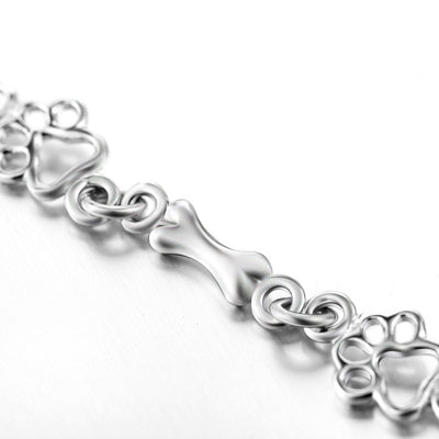 Bracelet with Dog Paw and Bone Charms Made of Pure Silver