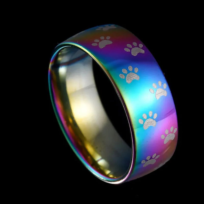 Handcrafted Rainbow Stainless Steel Ring with Paw Print
