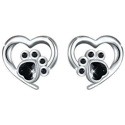 Heart Paw Stud Earrings – Silver-Colored Earrings with Black Crystal