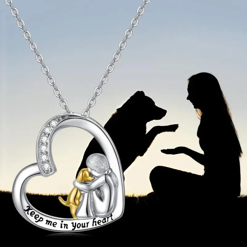 Lucky Necklace with Heart & Dog Motif – 925 Sterling Silver Necklace with Zirconia