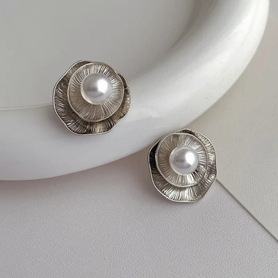 Vintage Silver Petal Pearl Stud Earrings