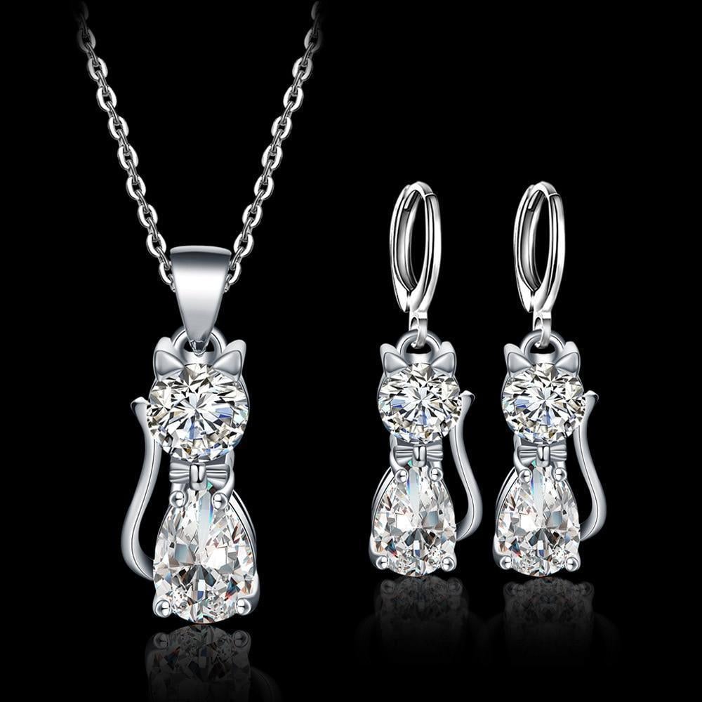 Necklace + Earring Set – Happy Cats made of 925 Silver with Polished Zirconia