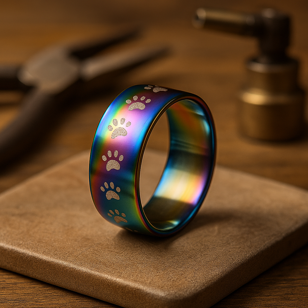 Handcrafted Rainbow Stainless Steel Ring with Paw Print