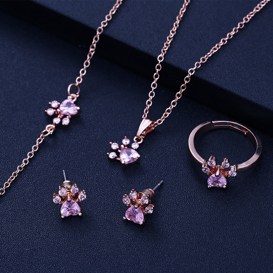 Paw Jewelry Set for Women – 4-Piece | Rose Gold with Zirconia Heart – Ring, Necklace, Earrings & Bracelet